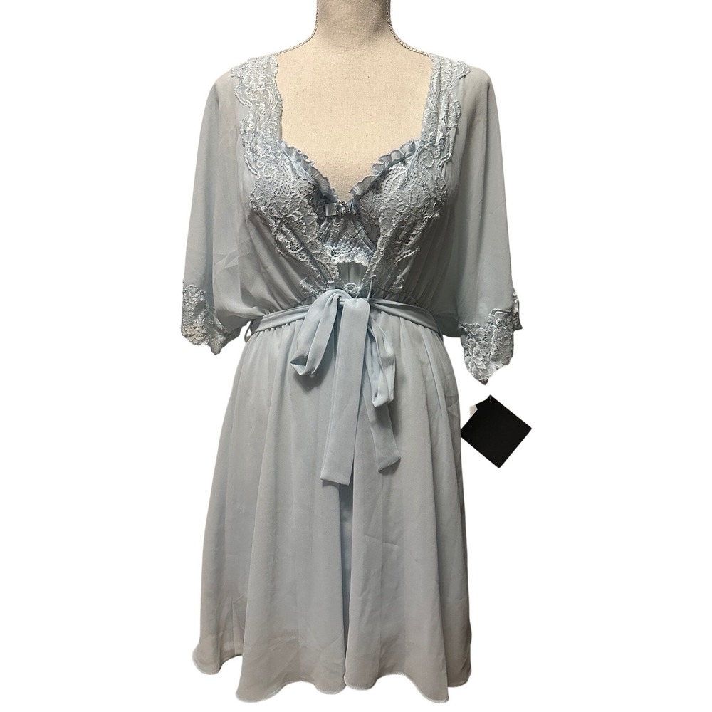 Cinema Etoile Seductivewear Blue 3PC Lingerie Set Robe‎ Chemise G-String Size L